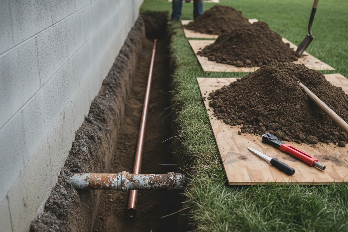 Excavated water line trench during Sewer Line Repair in Elsinore